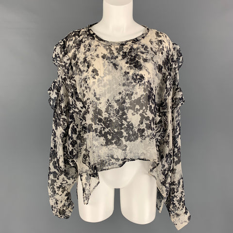 FAITH CONNEXION Talla XS Blusa con volantes jaspeados en mezcla de seda negra, blanca y dorada