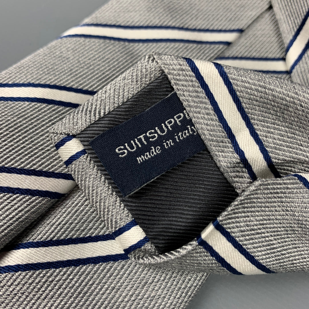 SUIT SUPPLY Light Gray & White Diagonal Stripe Silk Tie