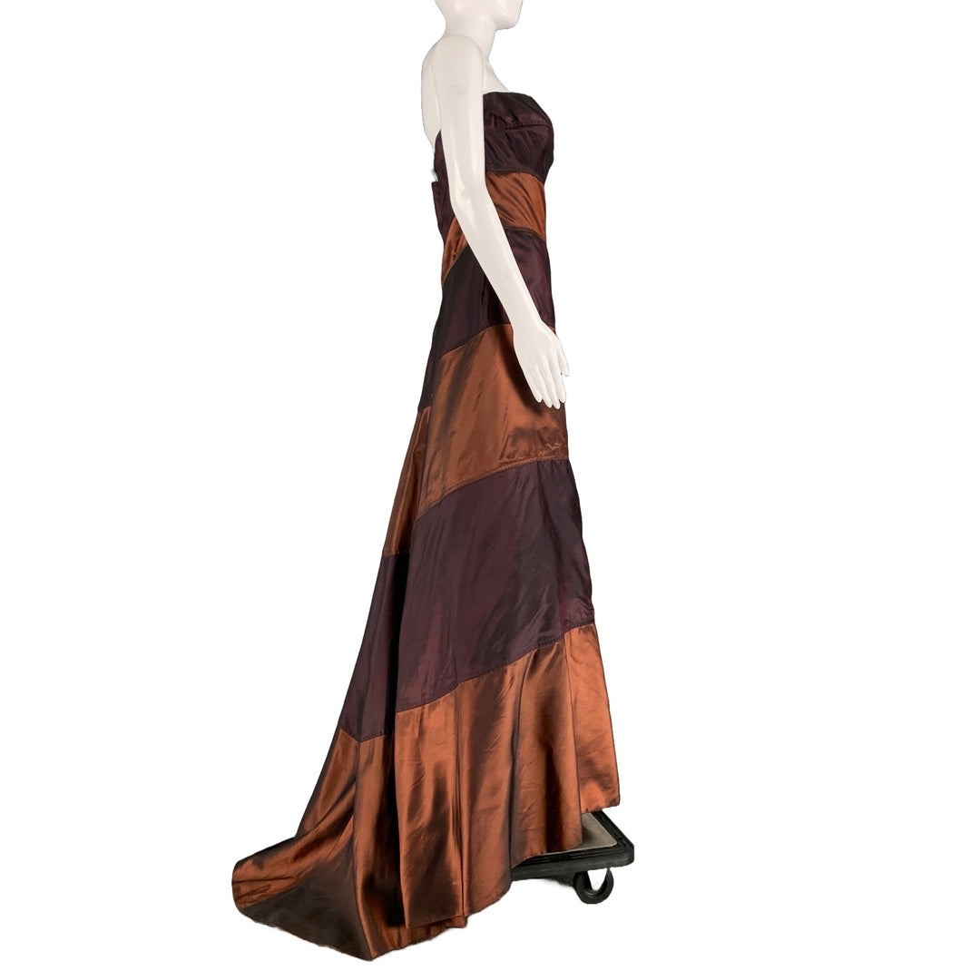 HELEN MORLEY Size M Burgundy Copper Silk Stripe Strapless Long Gown