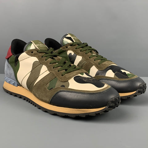 VALENTINO Size 12 Olive Multi-Color Camo Leather Rockrunner Sneakers