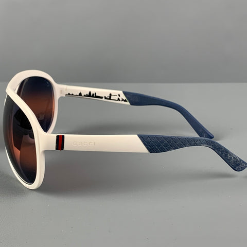 GUCCI Cream Blue Acetate Aviator Singlasses
