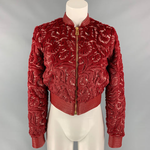 LA PERLA Size 0 Red & White Faux Fur Polyester / Cotton Embroidered Bomber Jacket