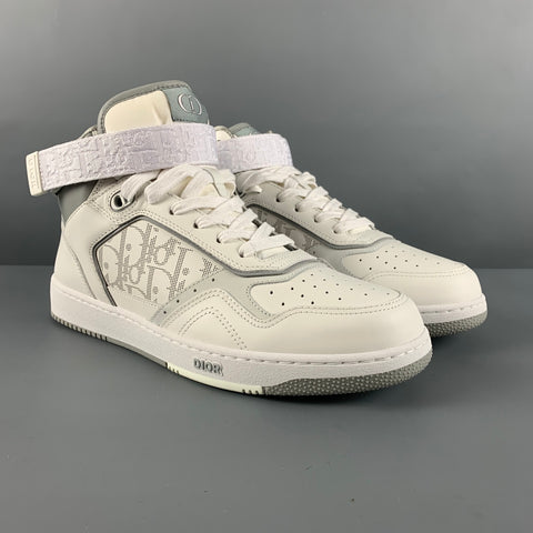 DIOR Size 8 White Grey Logo Leather High Top Sneakers