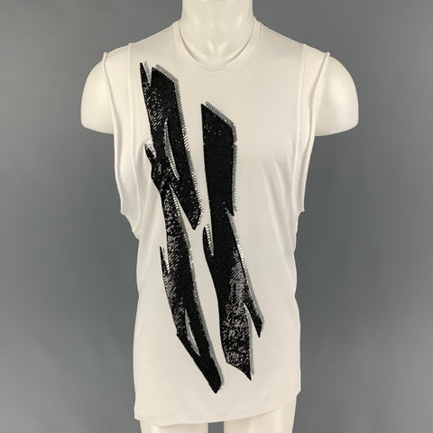 DSQUARED2 Talla M Camiseta sin mangas de algodón con cuello redondo y lentejuelas blancas, negras y plateadas