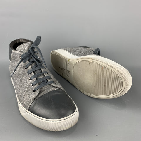 LANVIN Size 11  Gray Wool Lace Up Leather Cap Toe Sneakers