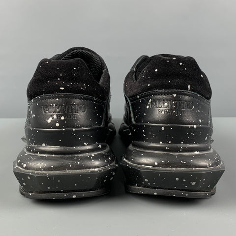 VALENTINO Size 10.5 Black Silver Paint Splatter Leather Bounce Sneakers