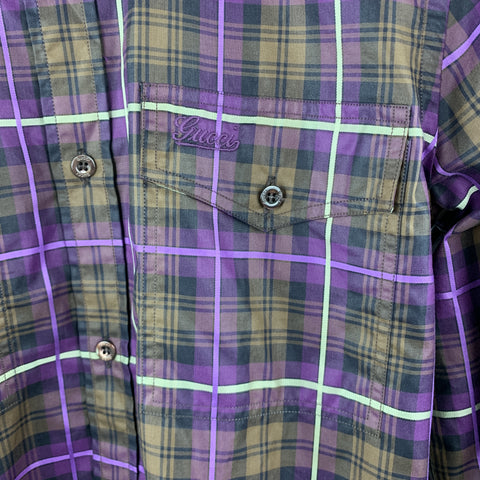 GUCCI Size XS Brown & Purple Plaid Cotton Button Up Patch Pockets Epaulettes Long Sleeve Shirt