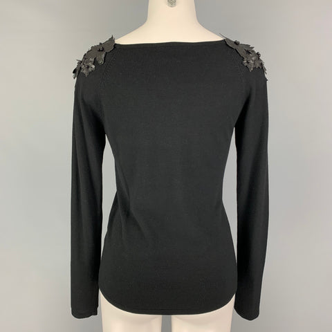 AZADEH Size S Black Rayon Lycra Leather Floral Applique Off-Shoulder Casual Top