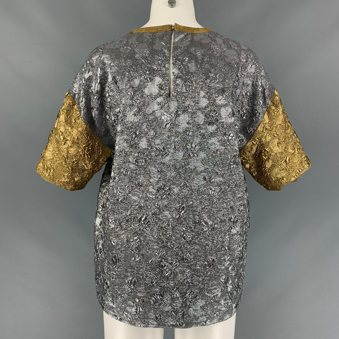 GILMAR Size 4 Silver &  Gold Polyester Blend Embossed Short Sleeve Blouse
