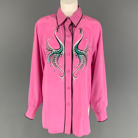 BOB MACKIE Talla 8 Camisa con botones bordados de seda negra rosa