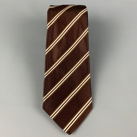 KITON Brown White Diagonal Stripe Silk Tie