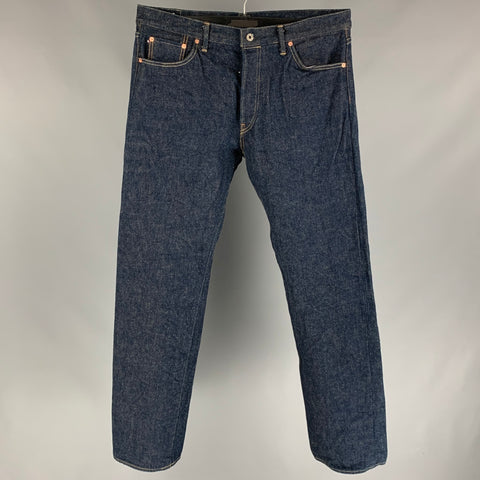ONI DENIM Talla 38 Vaqueros con bragueta de botones de mezclilla con puntada en contraste índigo