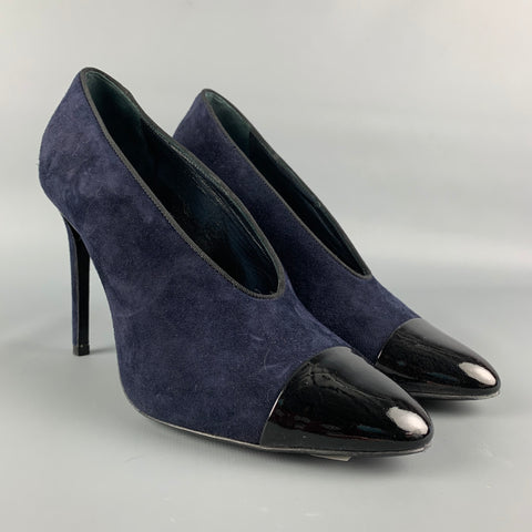 LANVIN Talla 8 Zapatos de tacón con punta de charol de ante azul marino
