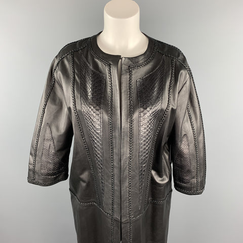 GIZIA Size 4 Black Leather Lamb Skin Braided Open Front Coat