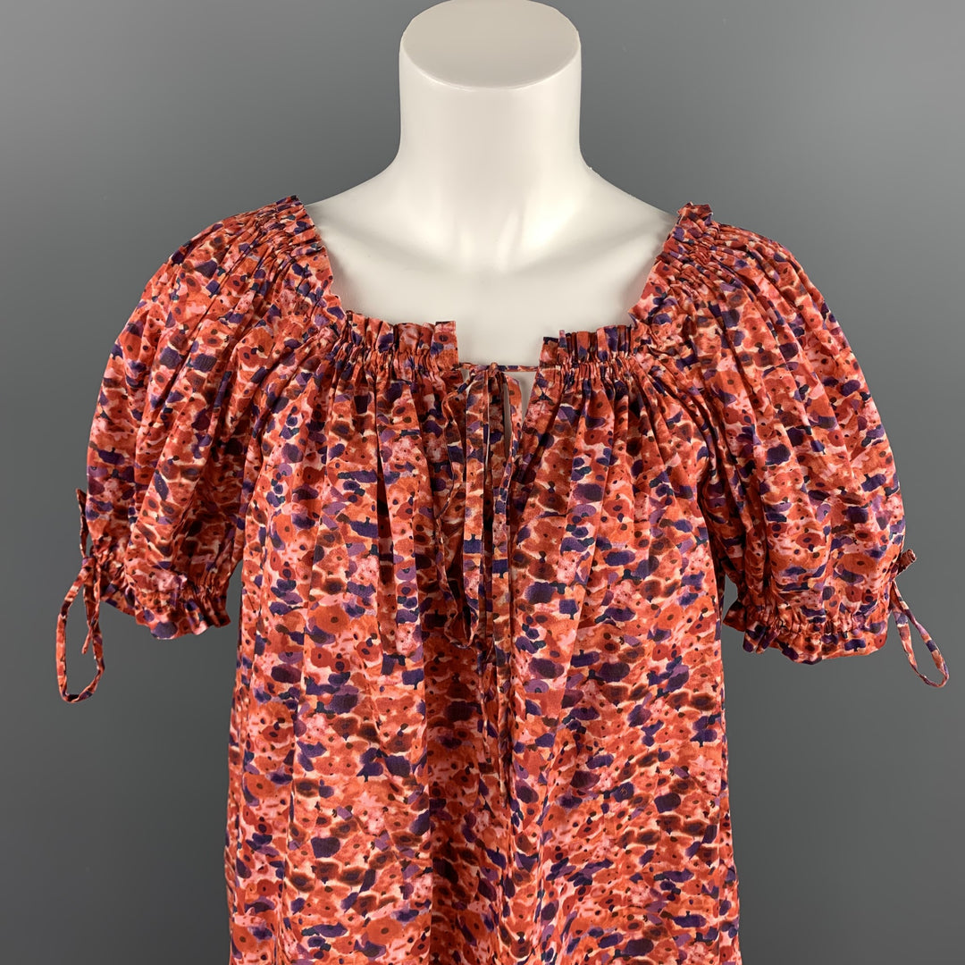 CAROLINA HERRERA Talla 4 Blusa bohemia de algodón popelín floral rojo