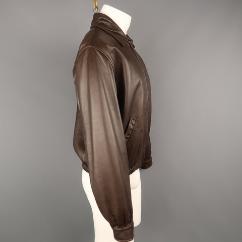 GOLDEN BEAR S Brown Solid Leather Zip Up Collared Bomber Jacket
