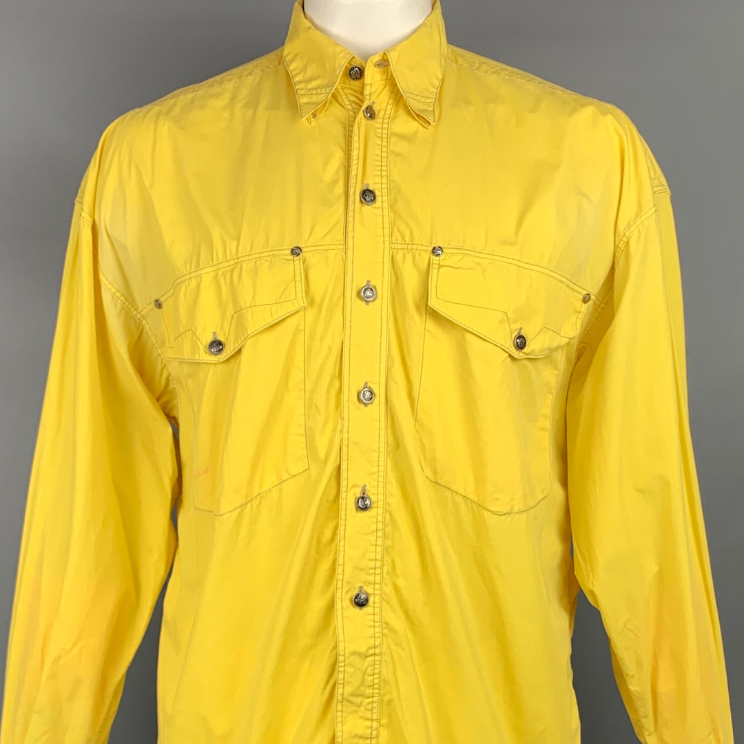 Vintage VERSACE JEANS COUTURE Talla L Camisa de manga larga de algodón con puntada en contraste amarilla