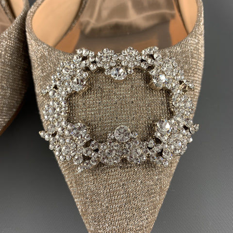 BADGLEY MISCHKA Size 8 Silver Metallic Beige Fabric Rhinestone Buckle D'orsay Pumps
