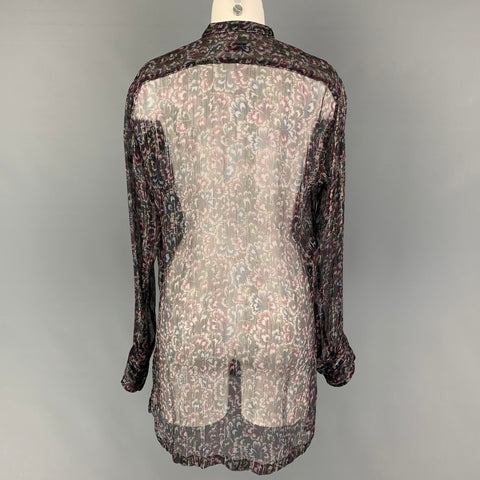 DRIES VAN NOTEN Size 6 Purple Black Silk Metallic Silver Blouse