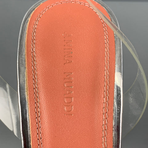 AMINA MUADDI Tamaño 8 Zapatos de tacón con tira trasera Begum con pedrería de acetato transparente plateado