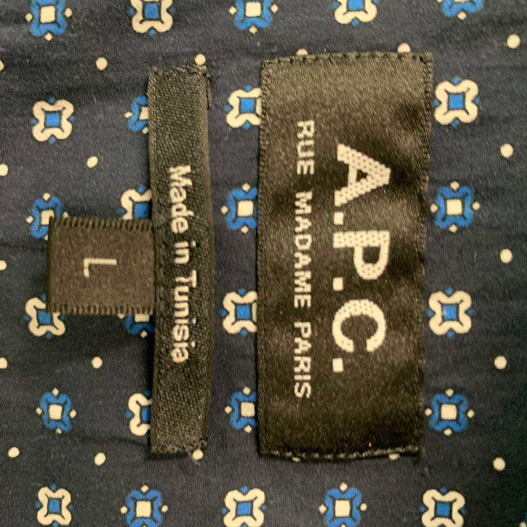 A.P.C. Size L Navy Geometric Cotton &  Silk Button Down Short Sleeve Shirt