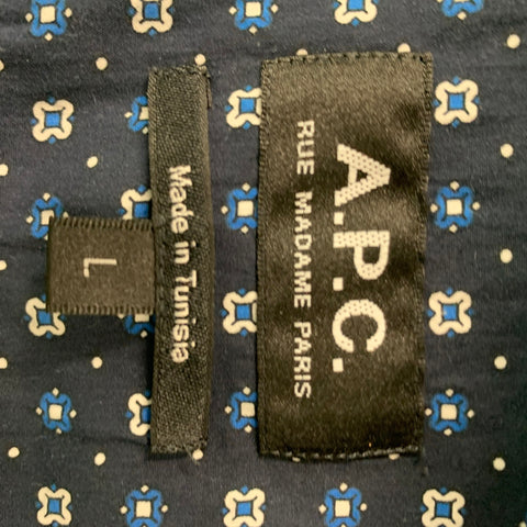 A.P.C. Size L Navy Geometric Cotton &  Silk Button Down Short Sleeve Shirt