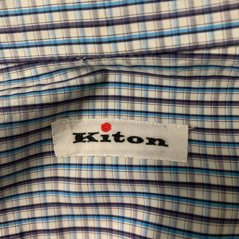 KITON Size XL White, Blue & Grey Checkered Cotton Button Down Long Sleeve Shirt