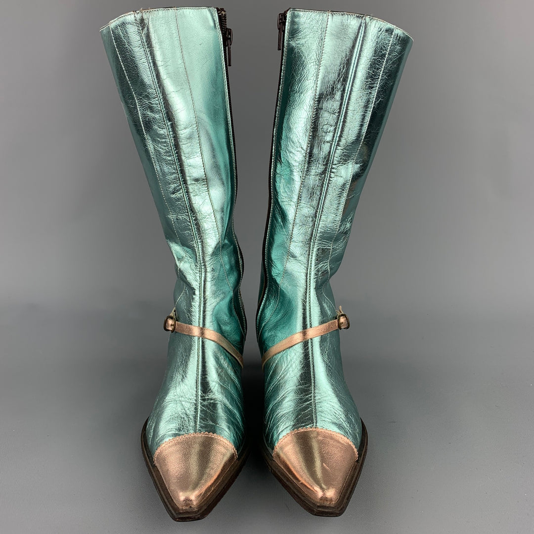 PAOLO IANTORNO Size 6.5 Aqua & Rose Gold Patent Leather Boots
