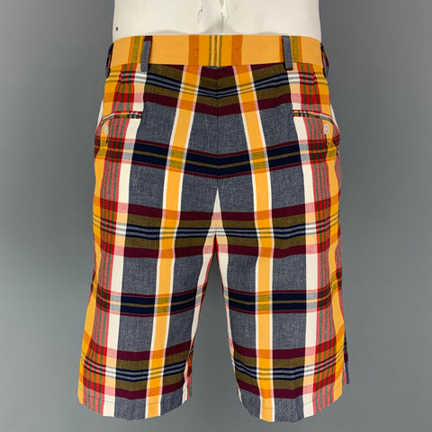 BLACK FLEECE Size 42 Yellow Multi-Color Plaid Cotton Notch Lapel Suit