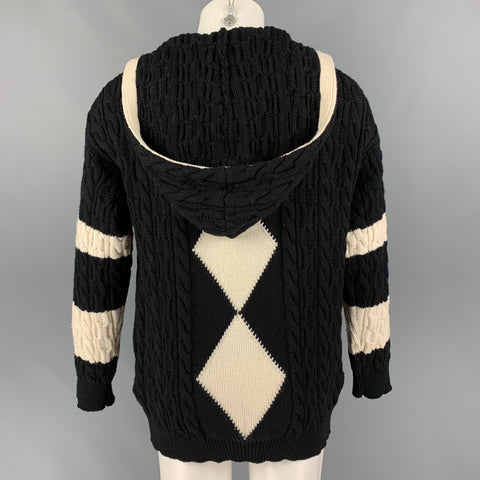 SAINT LAURENT Size L Black White Color Block Wool Hooded Cardigan