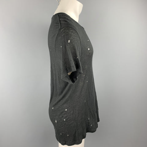 IRO Size M Black Distressed Linen Crew-Neck T-shirt