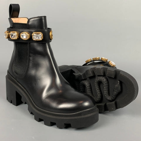 GUCCI Talla 5 Botines con adornos Trip de cuero negro