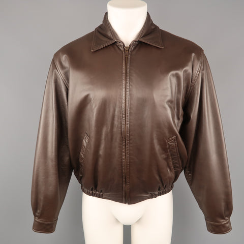 GOLDEN BEAR S Brown Solid Leather Zip Up Collared Bomber Jacket
