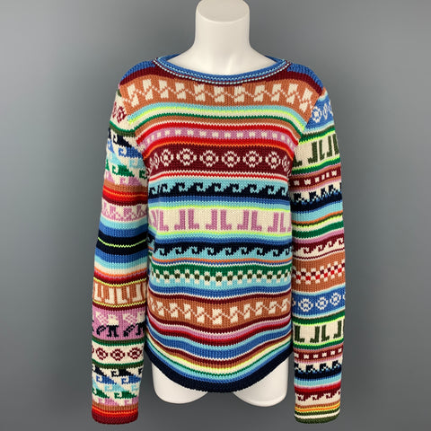 LANVIN Taille L Pull Col Bateau Multicolore Motif Jacquard JL Laine/Polyester