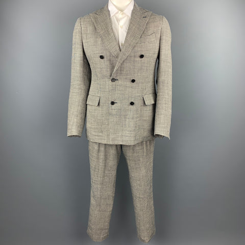 LARDINI Size 42 Regular Black & Beige Houndstooth Silk / Linen Double Breasted Suit