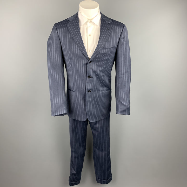 BORRELLI Size 38 Navy Stripe Wool Notch Lapel Suit