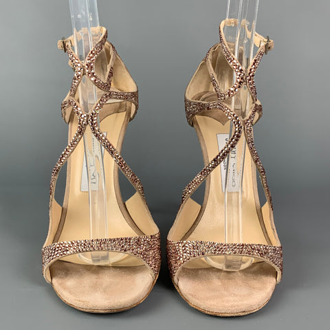 JIMMY CHOO Size 9.5 Pink Suede Rhinestones Strappy Lance Sandals