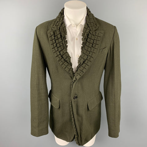 ANN DEMEULEMEESTER Size S Olive Cotton Ruffled Notch Lapel Sport Coat