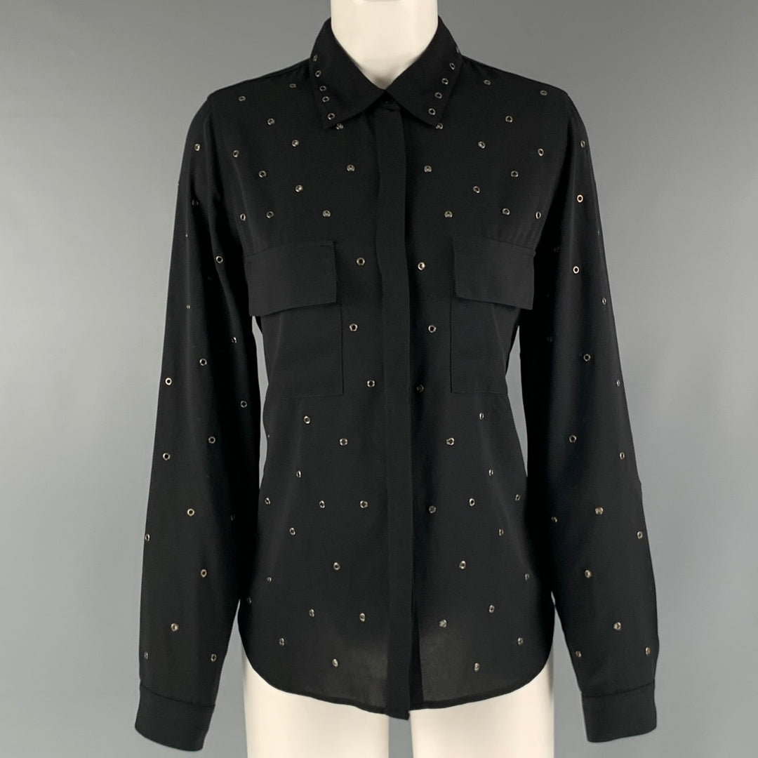 L'AGENCE Size S Black Polyester Grommets Patch Pockets Shirt