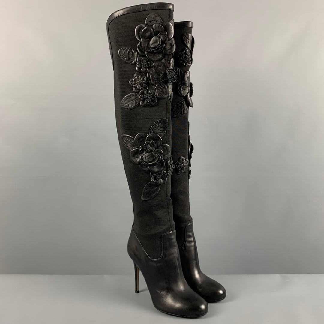 VALENTINO Size 7 Black Nylon Floral Applique Boots