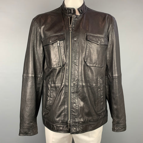 JOHN VARVATOS Size XXL Black Leather Zip Up & Snaps Jacket
