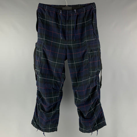 BEAMS Size M Navy Green Blackwatch Plaid Polyester Cargo Casual Pants