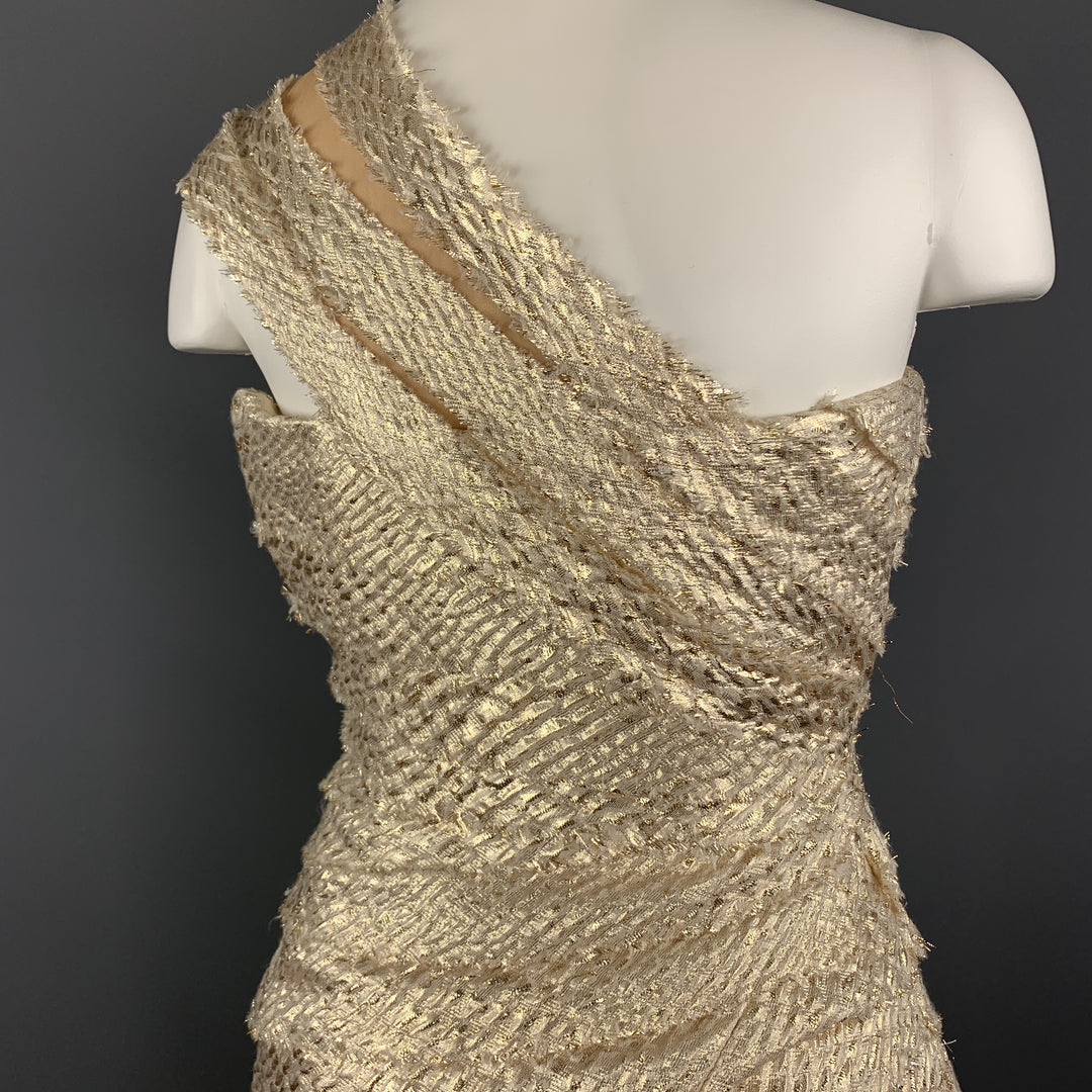 REEM ACRA Size 2 Metallic Gold & Silver Layered Jacquard One Shoulder Cocktail Dress