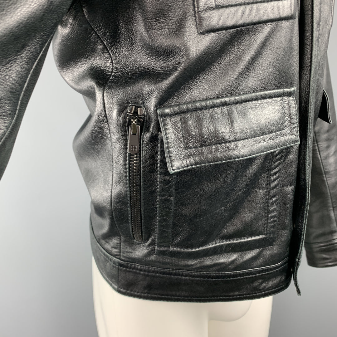 GIVENCHY Size 38 Black Leather Collared Flap Pocket Jacket