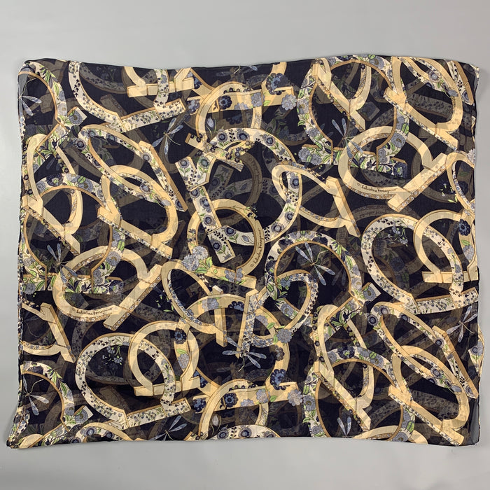SALVATORE FERRAGAMO 70" Navy & Beige Floral Chiffon Silk Scarf