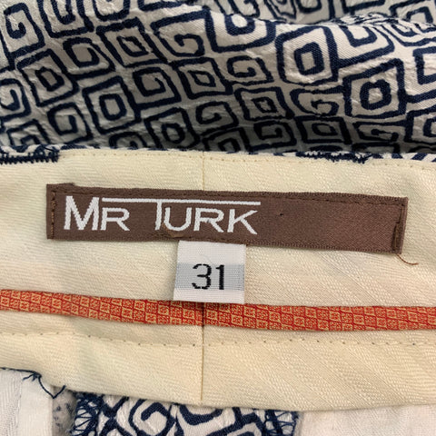 MR TURK Size 31 White Navy Graphic Viscose Blend Flat Front Casual Pants