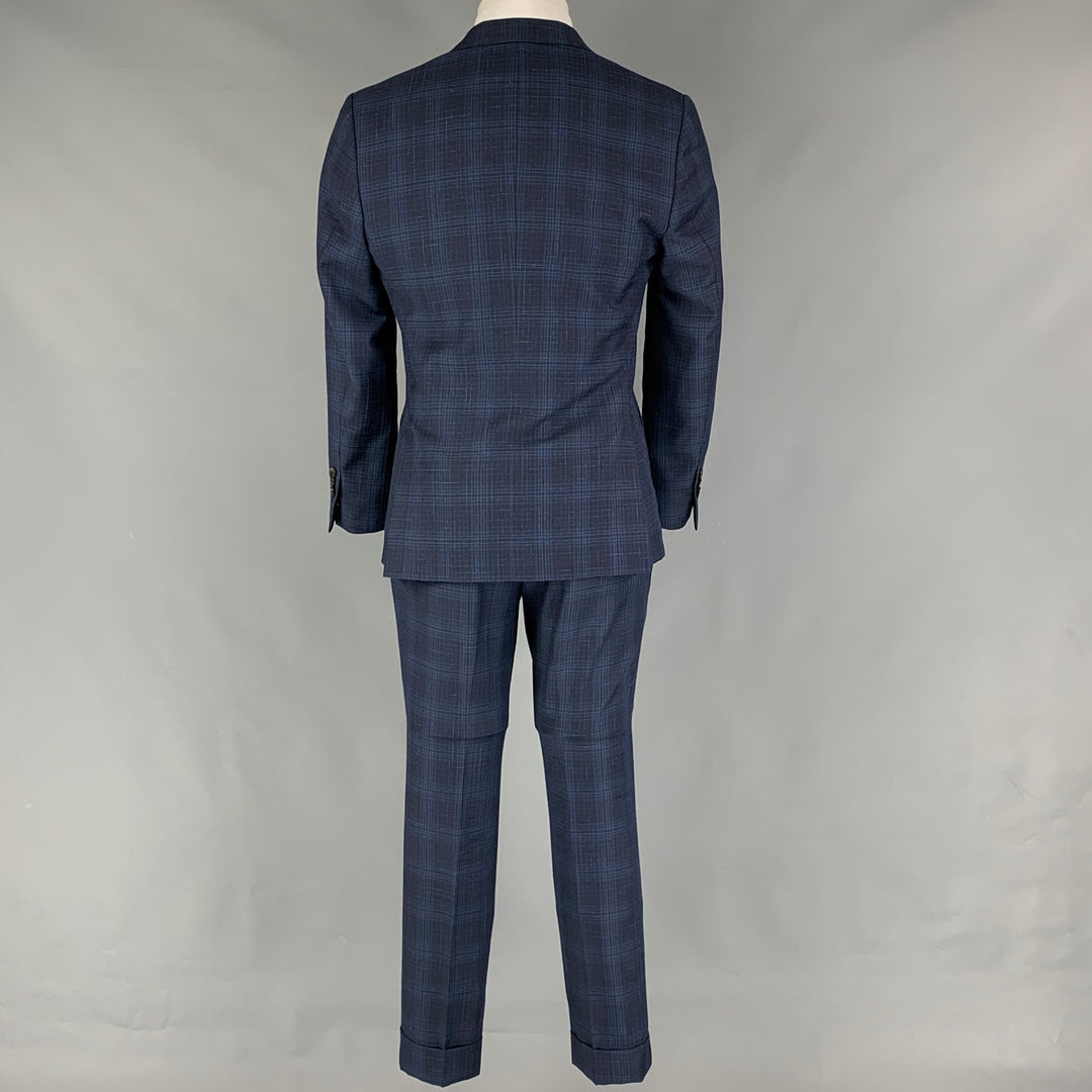 ETRO Size 38 Navy Blue Plaid Wool Blend Notch Lapel Suit