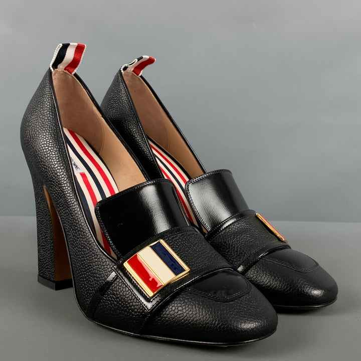 THOM BROWNE Talla 8 Zapatos de tacón de grano de guijarro de materiales mixtos de cuero negro, rojo y blanco