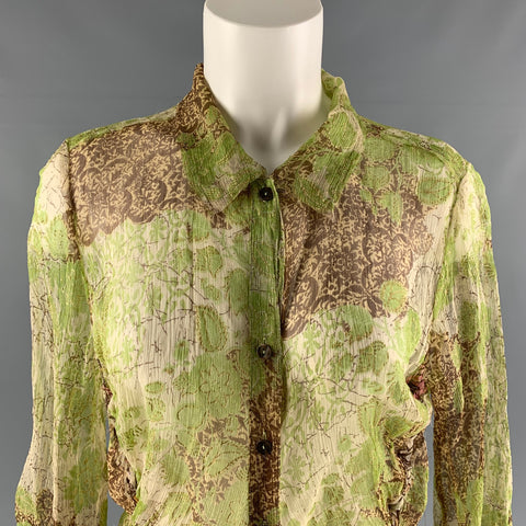 BIYA Talla L Blusa de borde crudo floral abstracto de seda dorada, marrón y verde
