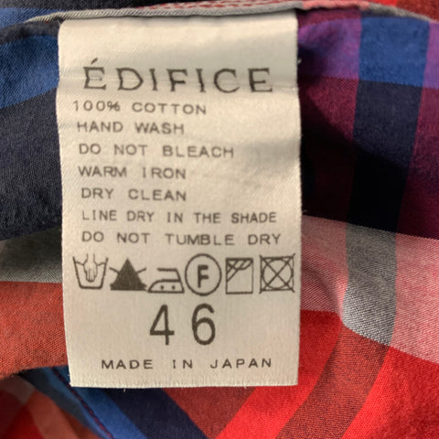 EDIFICE Size S Navy & Red White Madras Cotton Button Down Long Sleeve Shirt